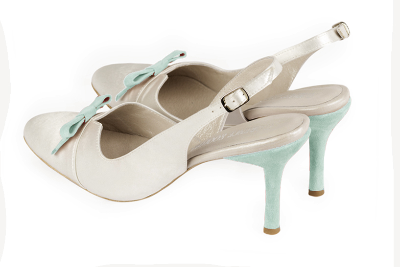 Pure white and aquamarine blue women's open back shoes, with a knot. Round toe. High slim heel. Rear view - Florence KOOIJMAN